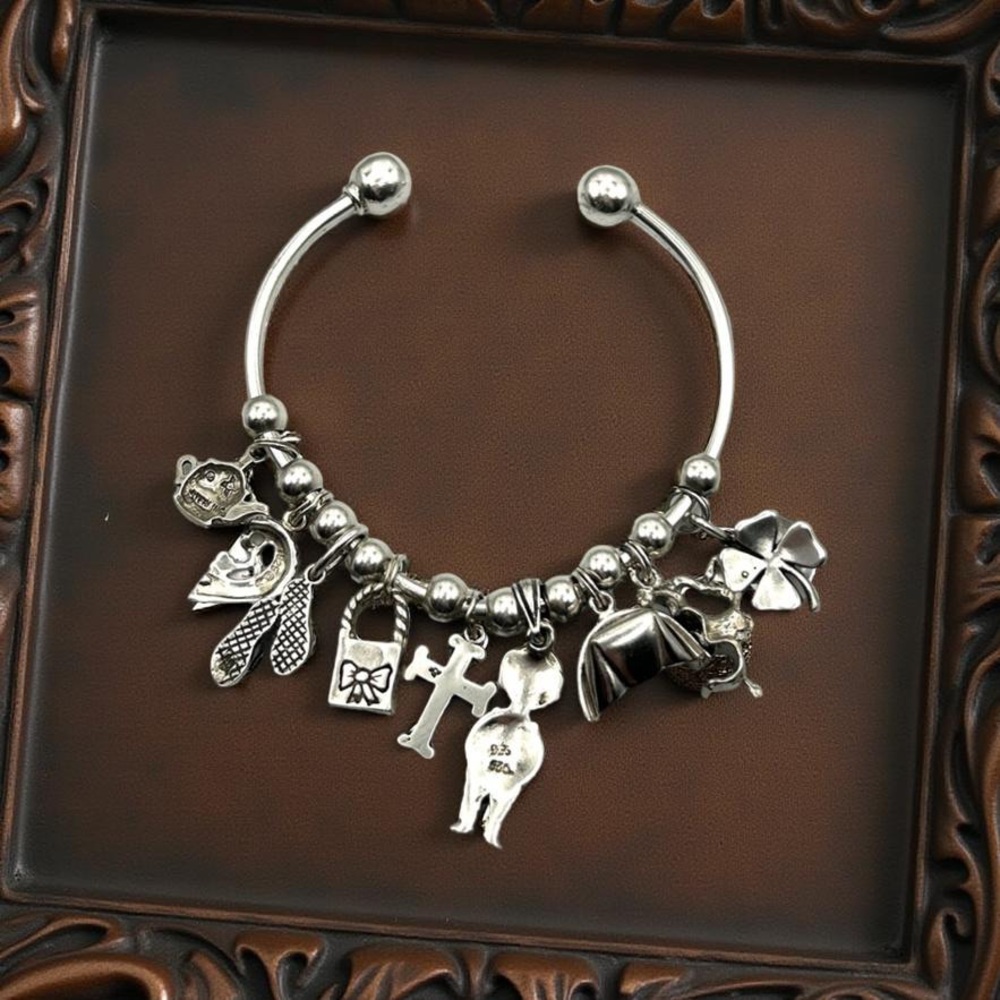 Vintage Sterling Silver Charm Bracelet 9 Charms ~Cross Teapot Mother Child 6-8”